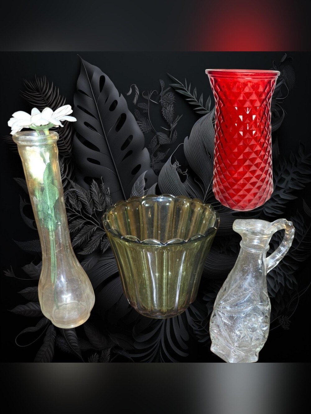 4 Vintage Glass Containers Red, Green & Clear